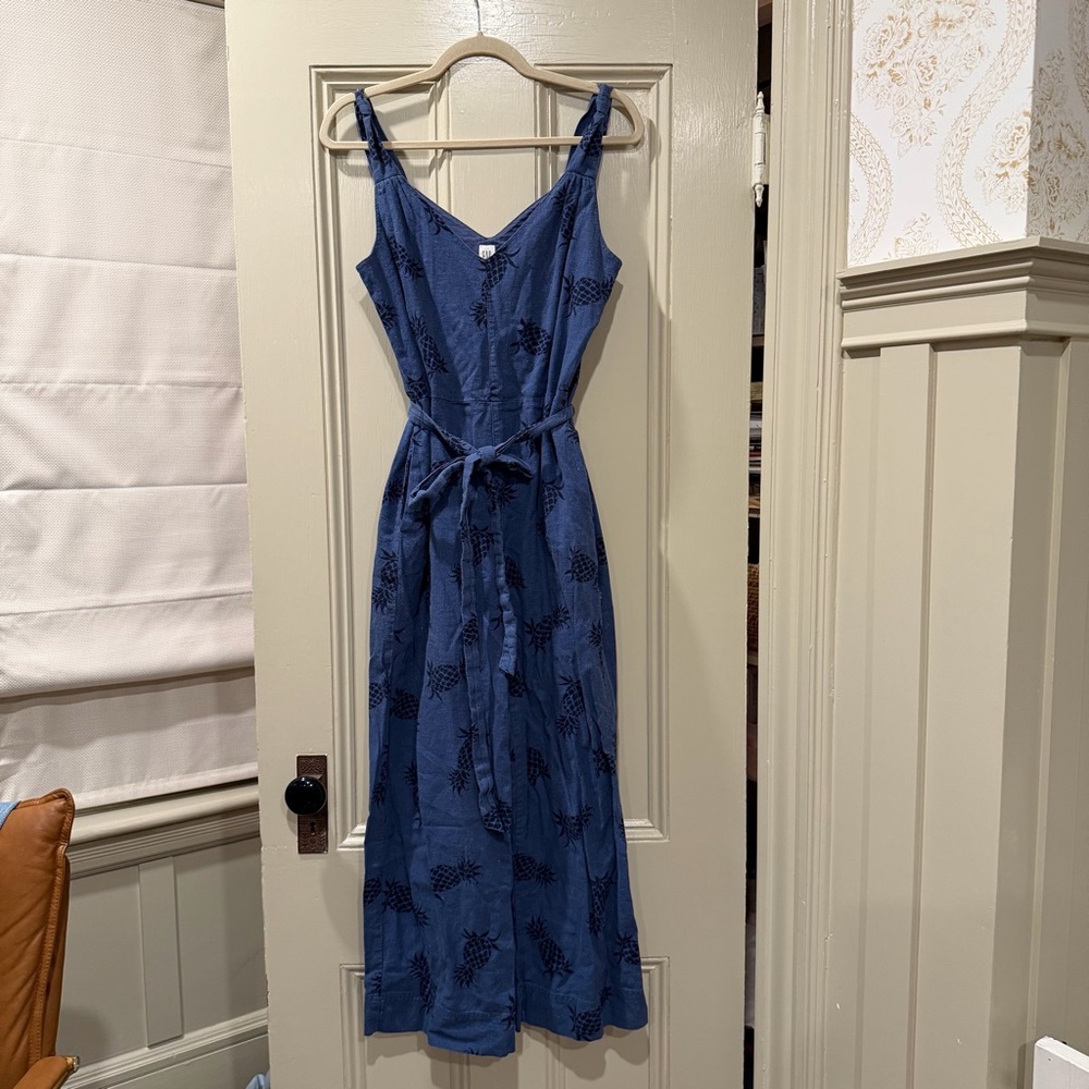 GAP pineapple print blue linen jumpsuit